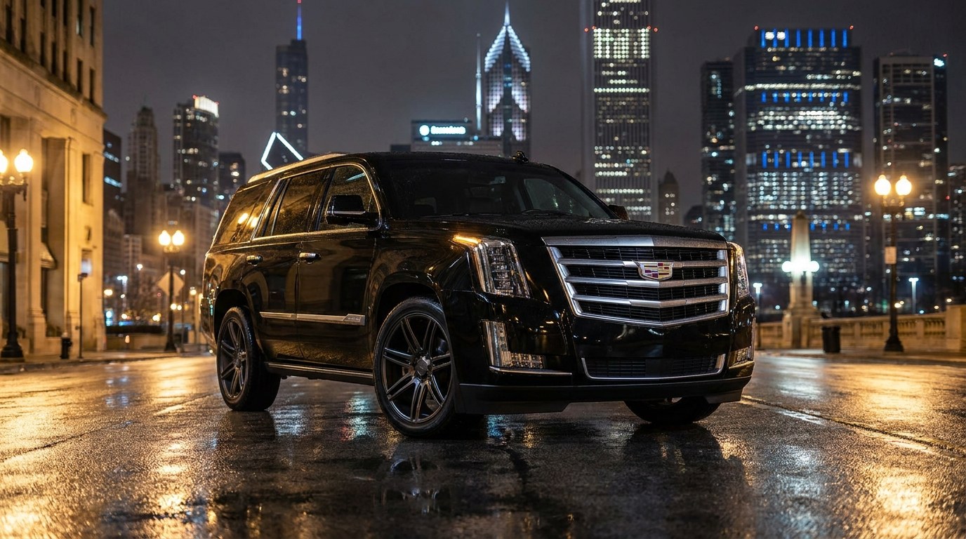 Aegean Limo Services luxury SUV in downtown Chicago at night